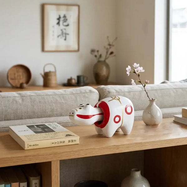 Akabeko White Lucky Cow Figurine Handcrafted Japanese Home Decor