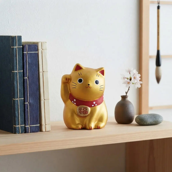Handmade Japanese Maneki Neko Lucky Cat Small Ceramic Figurine Gold 5.5cm