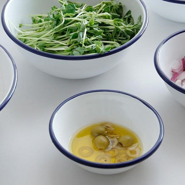 Tsuki Usagi White Enamel Bowl With Navy Blue Detailing