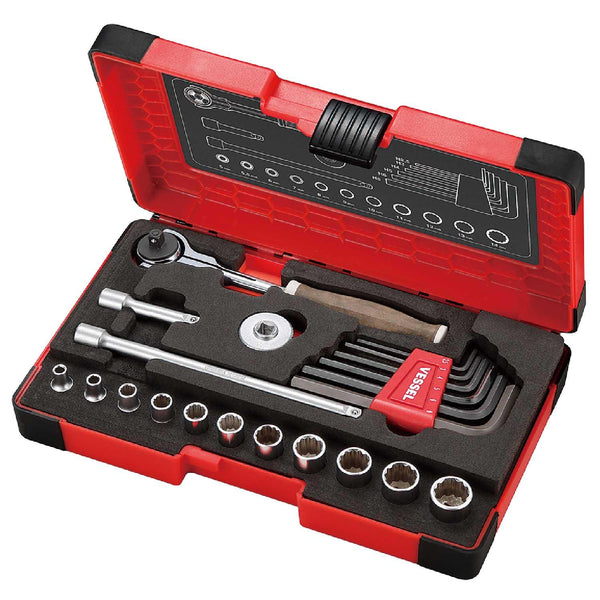 Vessel Wood Handle Ratchet Wrench & Socket Set with Case HRW2004M-SW